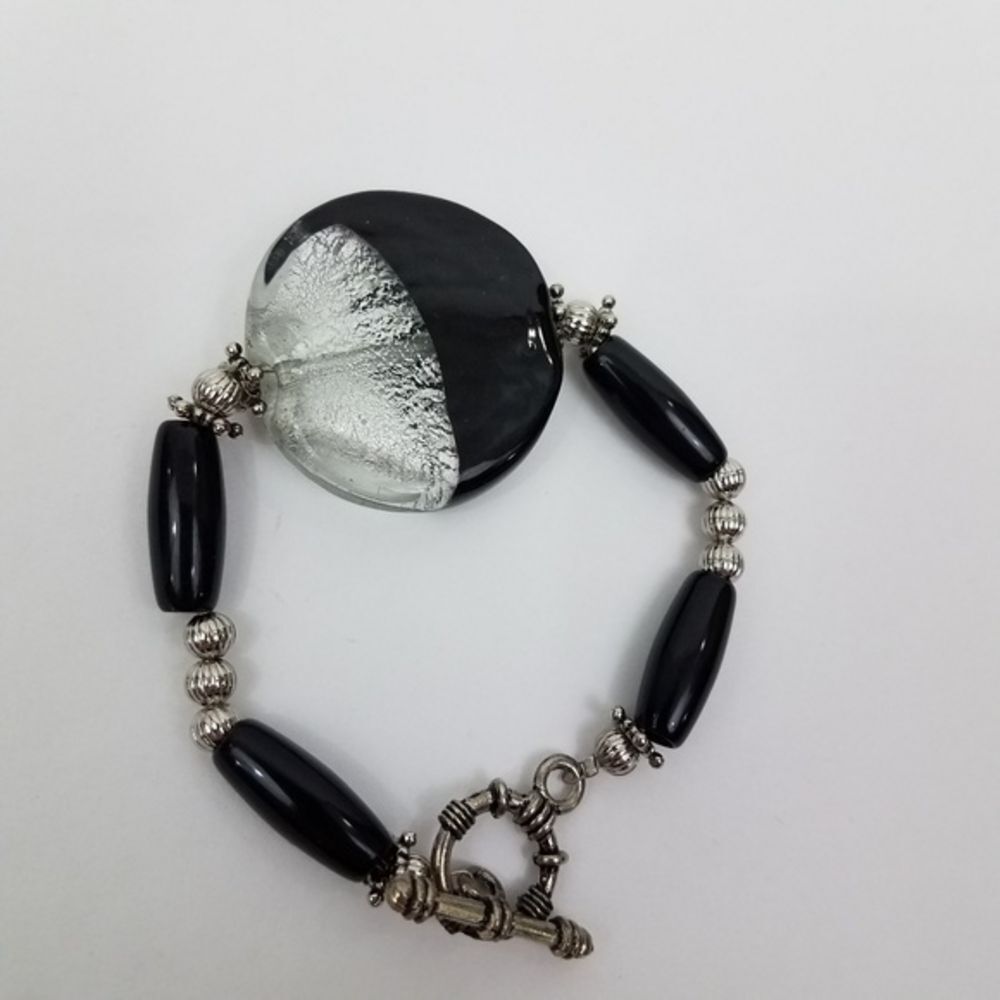 Beaded Glass Black Clear Bracelet‎ Chunky B